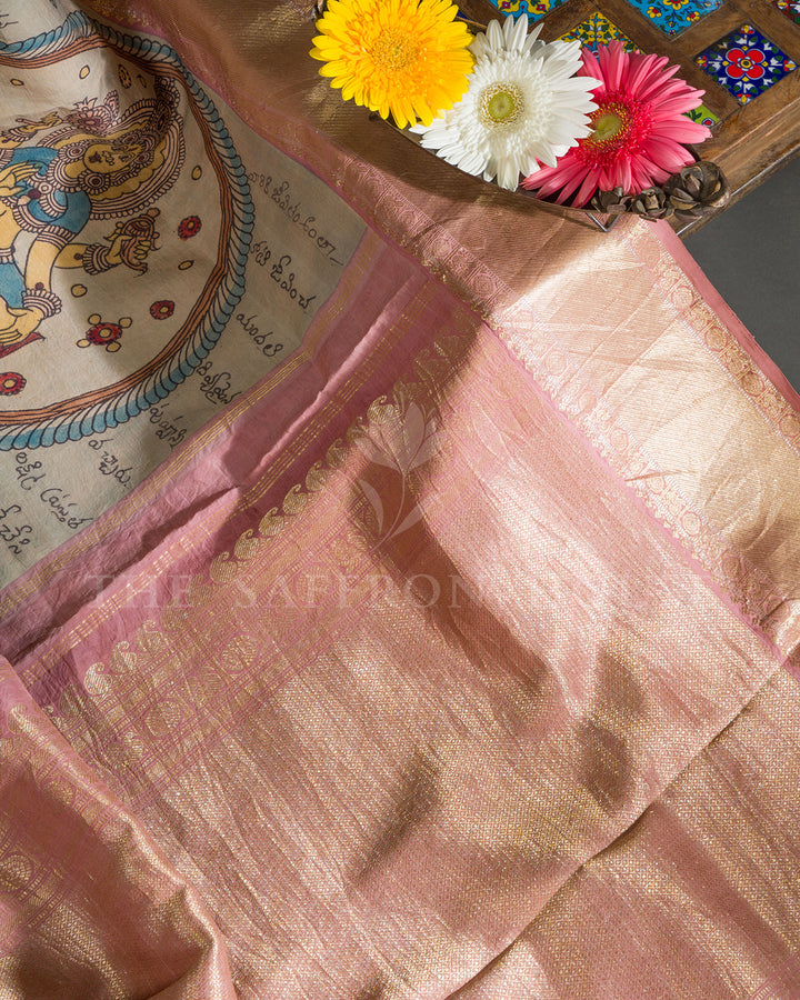 Beige & Pink Ashta Lakshmi Kalamkari Kanchivaram Silk Saree