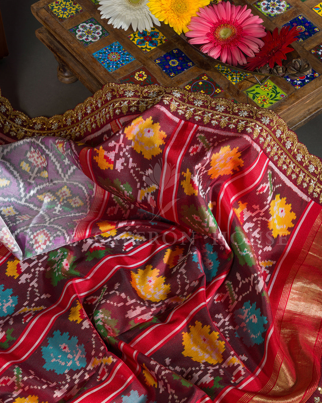 Lavender & Maroon Hand Embroidered Border Ikat Silk Saree