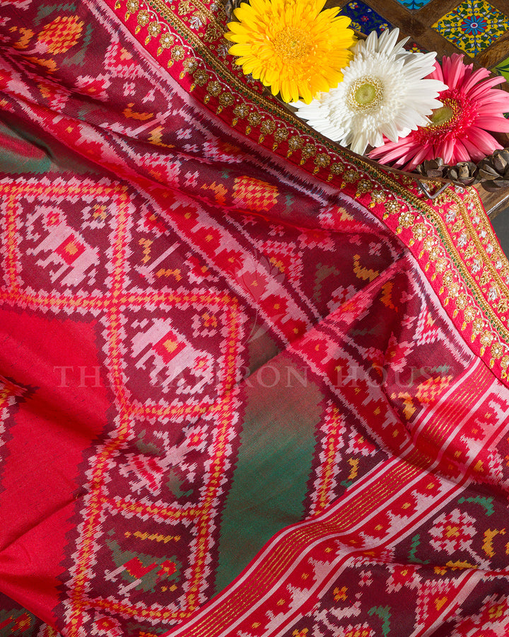 Red Hand Embroidered Border Ikat Silk Saree