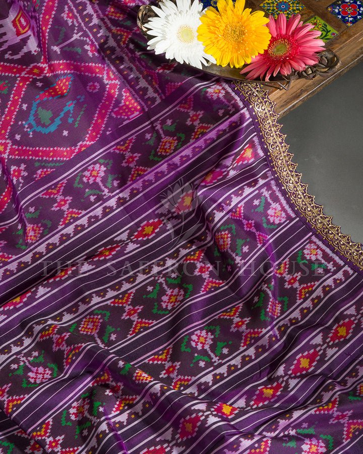 Purple Hand Embroidered Border Ikat Silk Saree