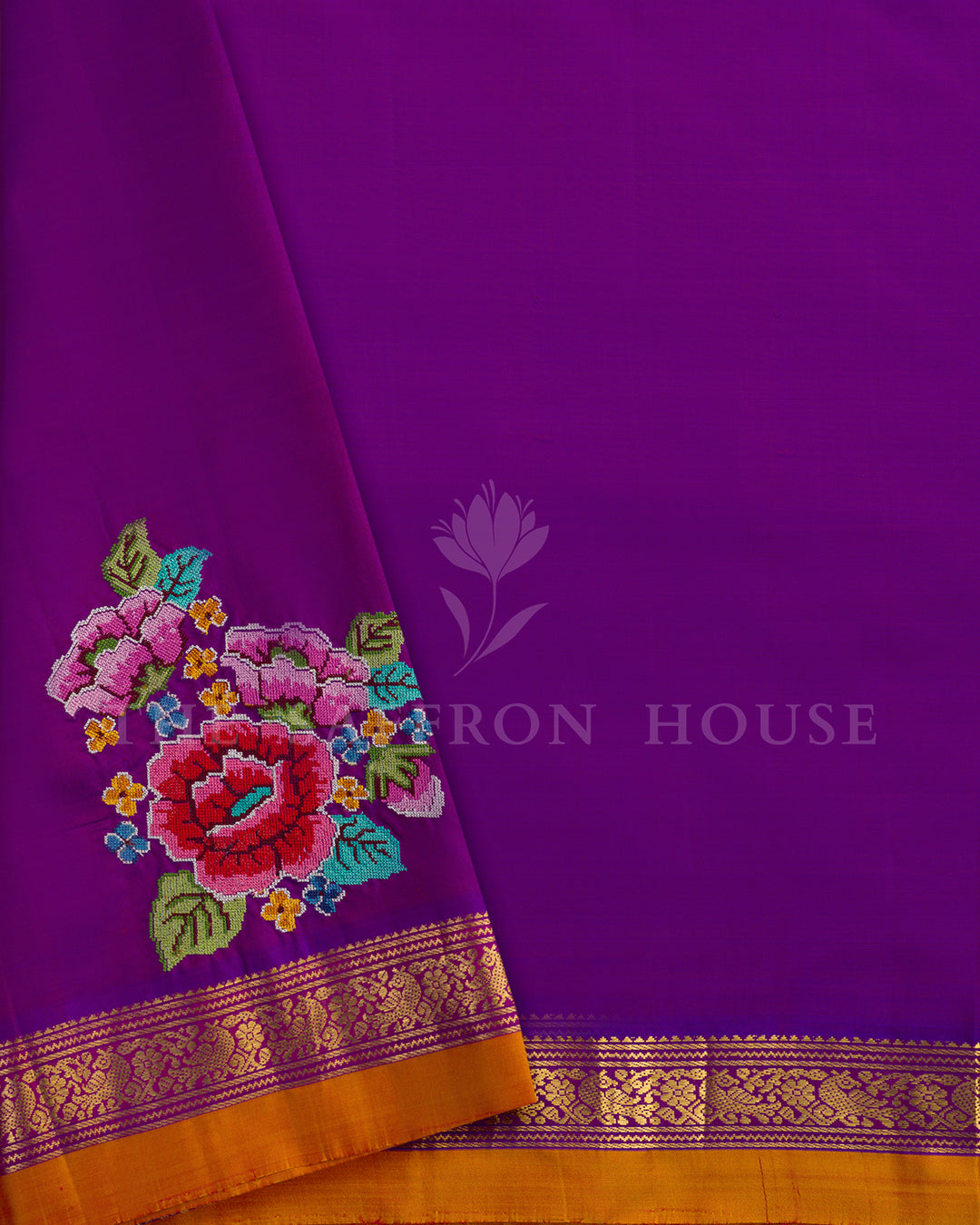 Olive Green & Purple Embroidered Kanchivaram Silk Saree