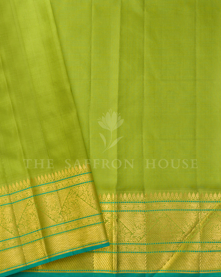 Mustard Yellow & Parrot Green Korvai Kanchivaram Silk Saree