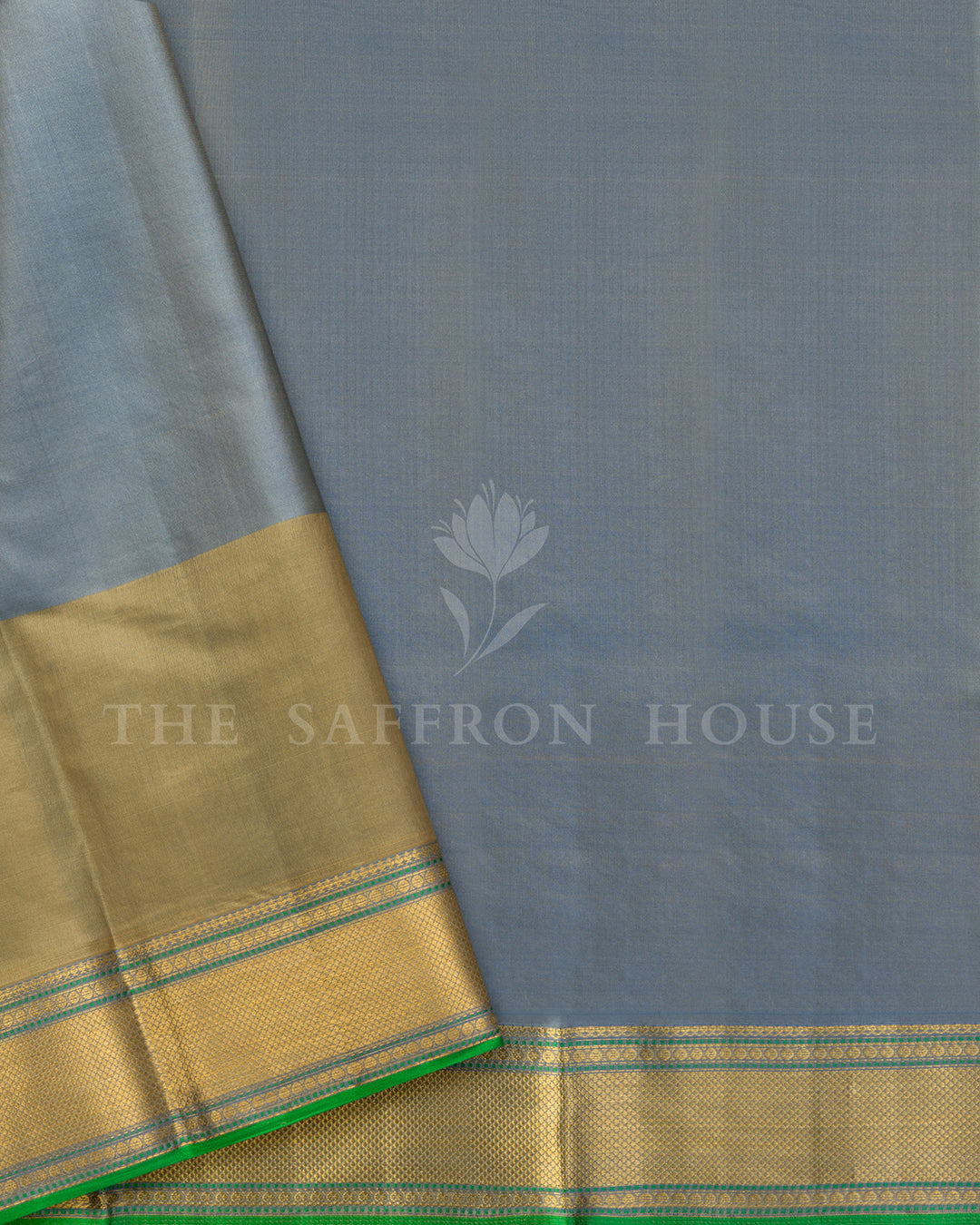 Steel Blue Kanchivaram Brocade Silk Saree with Kora Butta Panel