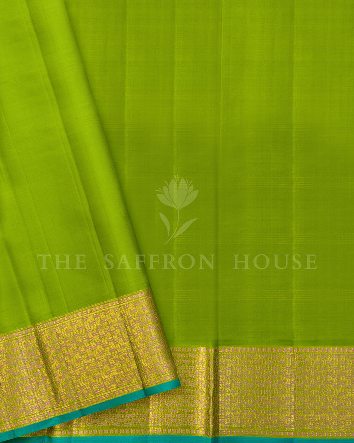 Parrot Green Kanchivaram Silk Saree with Yellow Checks