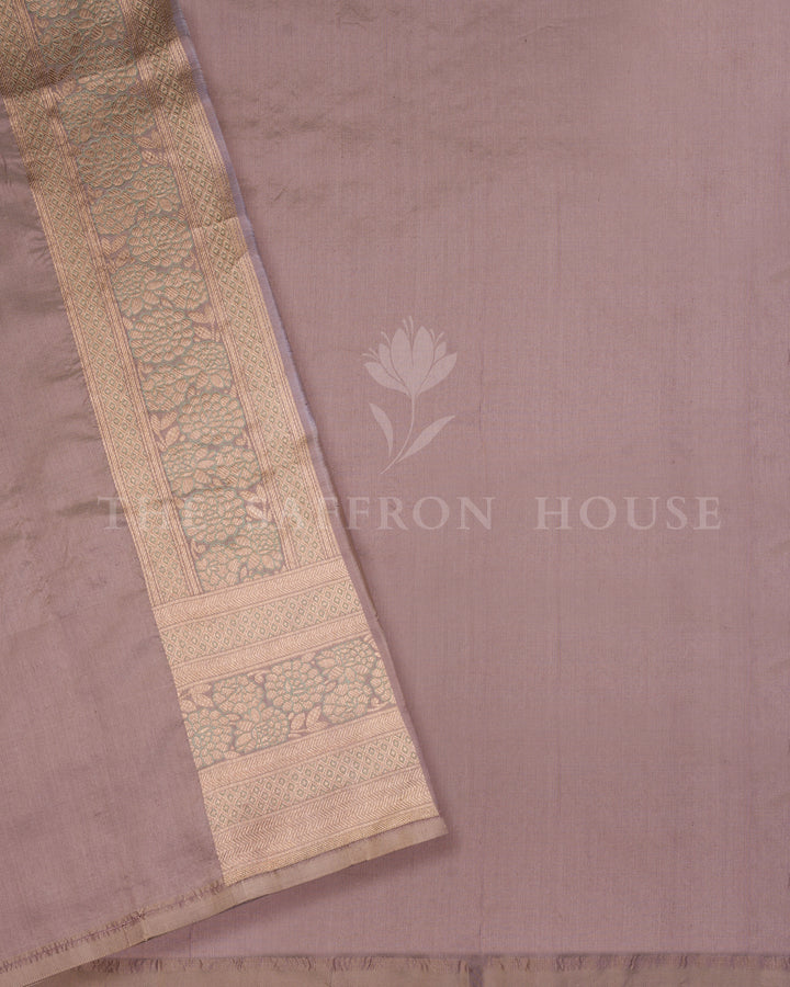 Dusty Mauve Katan Silk Banarasi Saree with Floral Kadwa Weave and Gold Zari Border