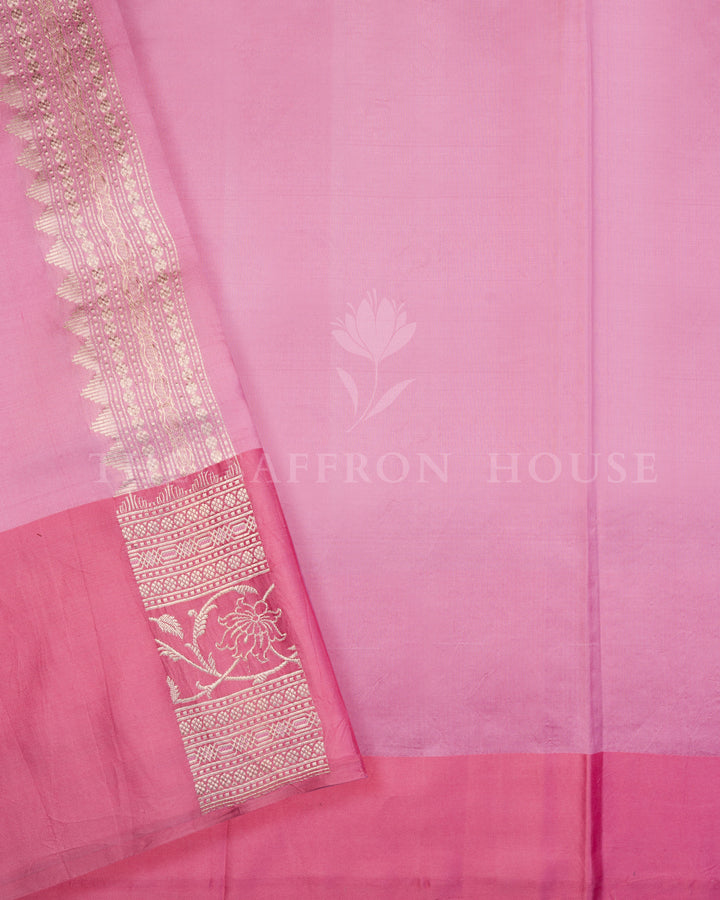 Rose Pink and Violet Floral Kora Banarasi Saree with Gold Zari