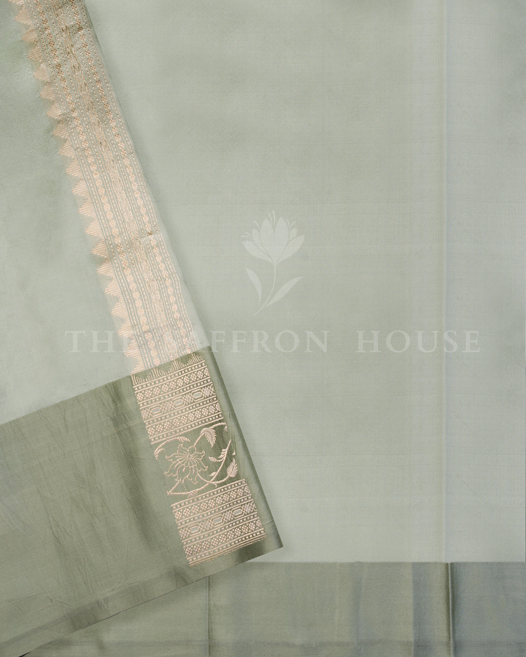 Mint Green Kora Banarasi Saree with Peach and Magenta Floral Zari Border
