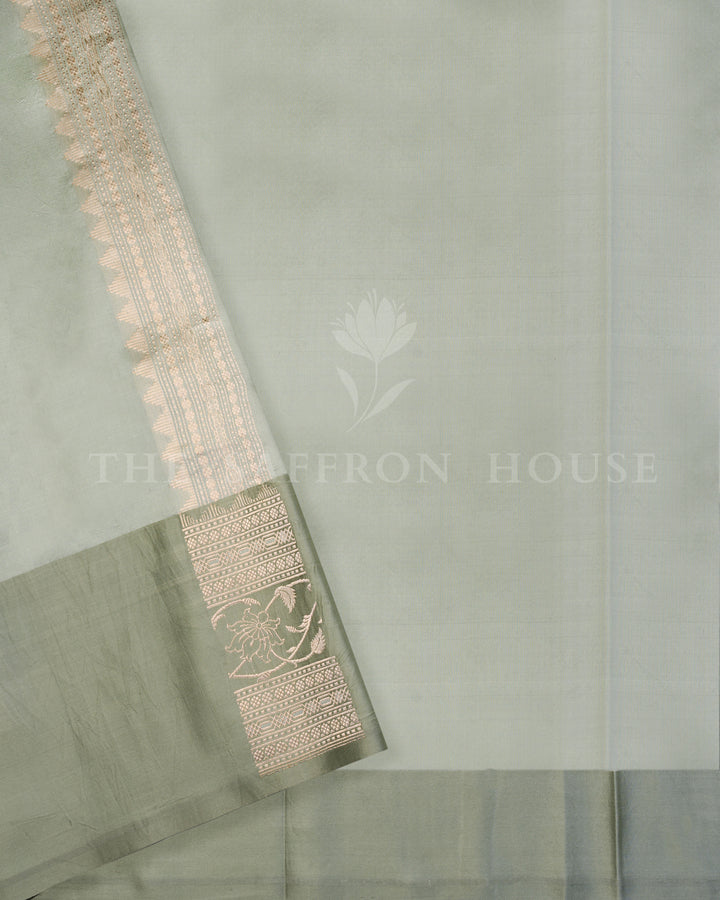 Mint Green Kora Banarasi Saree with Peach and Magenta Floral Zari Border