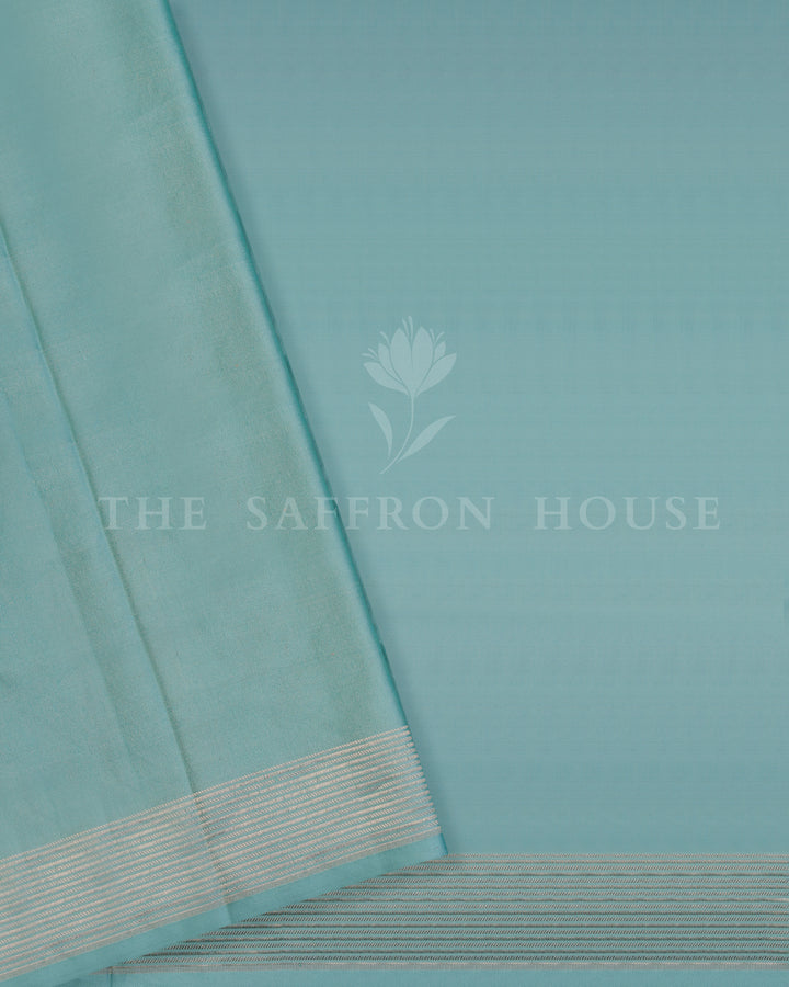 Aqua Blue Mashru Banarasi Saree with Zari Butis and Chevron Pallu