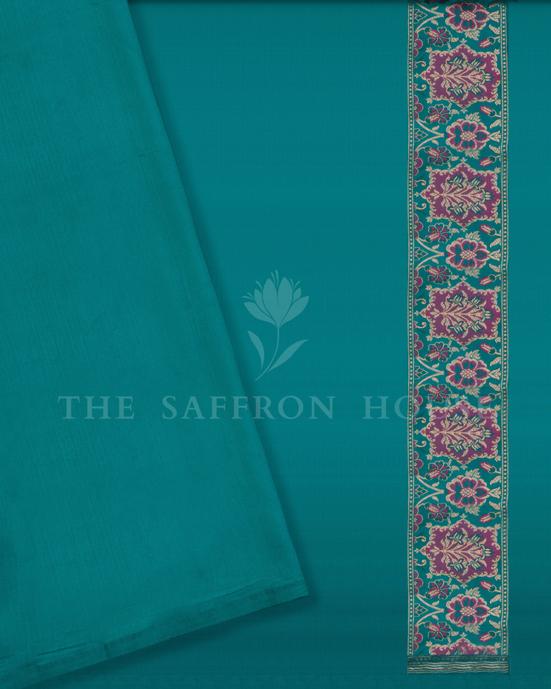 Teal Banarasi Tussar Georgette Saree with Rani Pink Zari Floral Jaal