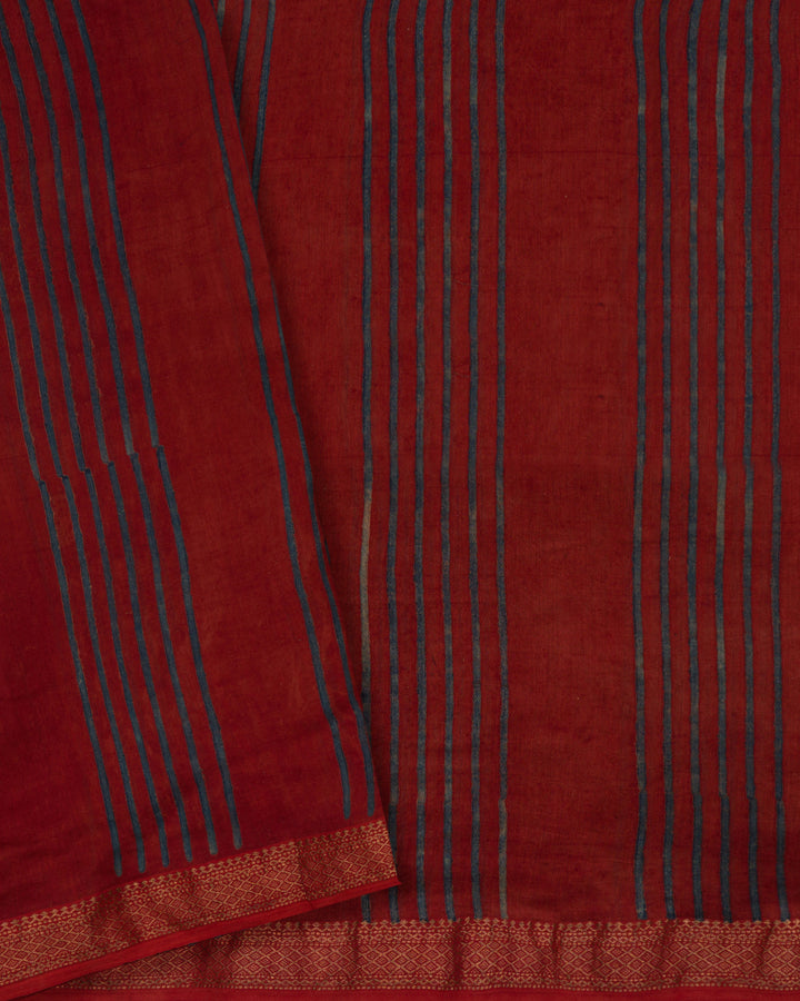 Red And Blue Maheshwari Silk Cotton Block Printed Saree - TSH8460058