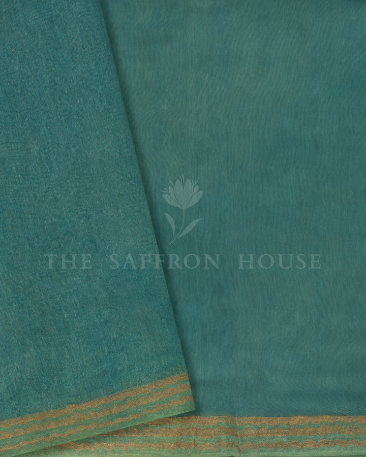 Sea Blue Handwoven Tussar Organza Saree With Golden Zari Stripes - TSH2506078-view5