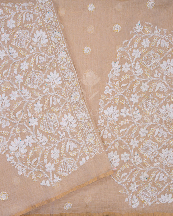 Beige Chikankari Muslin Cotton Saree with Hand Embroidered Floral Motifs and Sequins