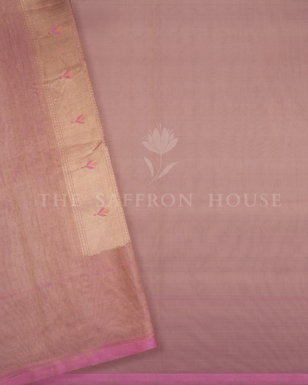 Dusty Rose Kora Banarasi Saree with Paithani-Inspired Border and Pastel Floral Motifs