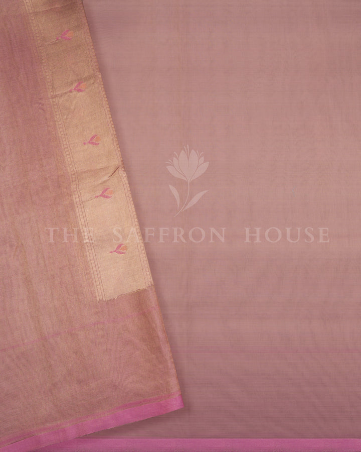 Dusty Rose Kora Banarasi Saree with Paithani-Inspired Border and Pastel Floral Motifs