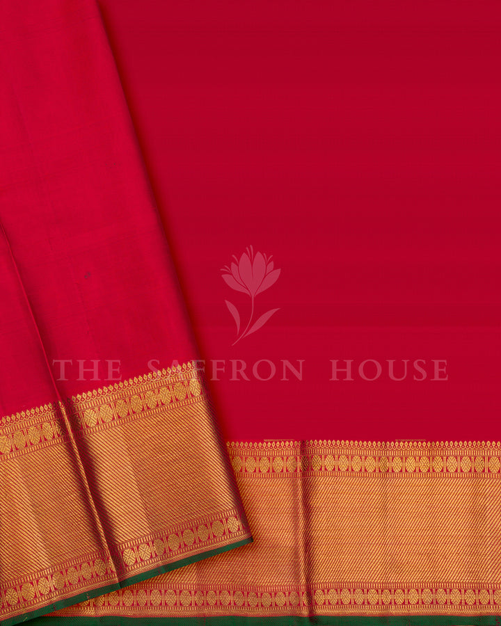 Red Kanchivaram Silk Saree with Gold Zari Buttas & Peacock Border