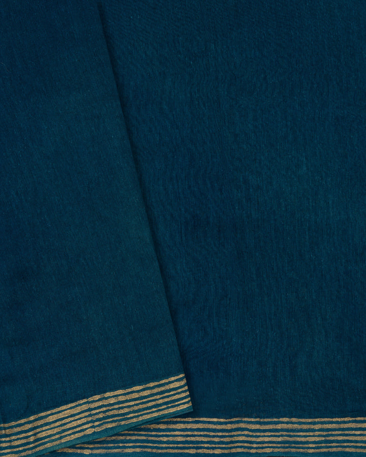 Blue Handwoven Tussar Organza Saree With Golden Zari Stripes - TSH2506079-view5