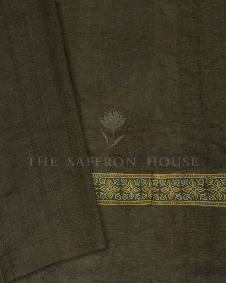Olive Green Handwoven Tussar Silk Saree - TSH5023