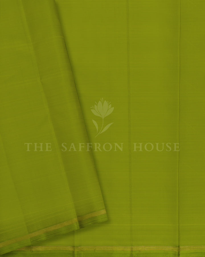 Beige Checkered Parrot Green Handwoven Kanjivaram Silk Saree - TSH2506230