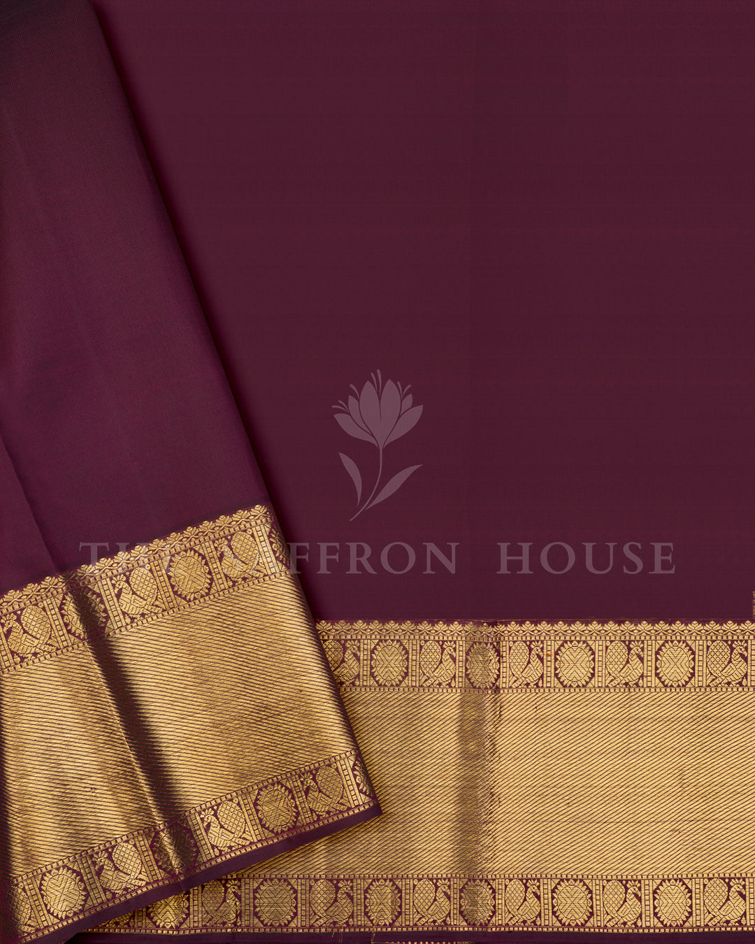 Burgundy Kanchivaram Silk Saree with Gold Leaf Weave & Peacock Border