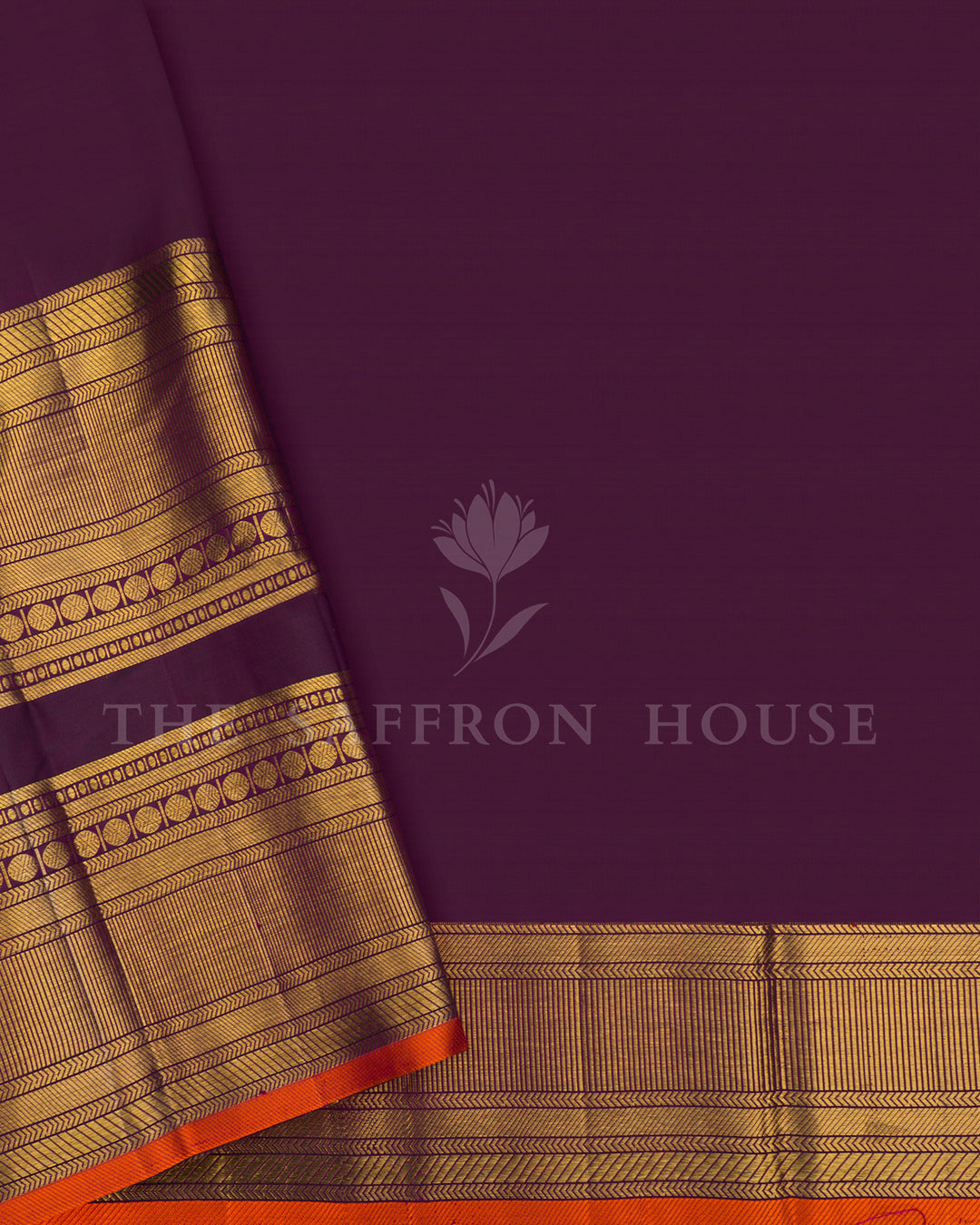 Purple Kanchivaram Silk Saree with Gold Leaf Weave & Orange Contrast Border