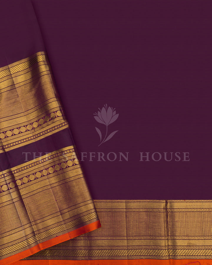 Purple Kanchivaram Silk Saree with Gold Leaf Weave & Orange Contrast Border