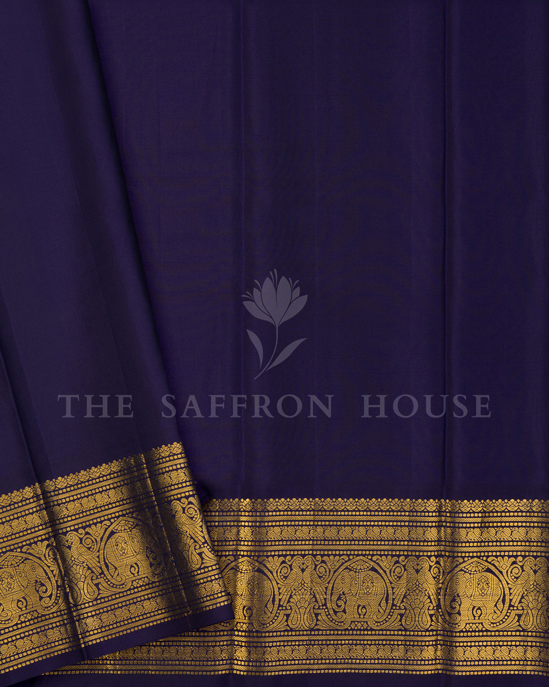 Rust Orange Kanchivaram Silk Saree with Navy Zari Elephant Border