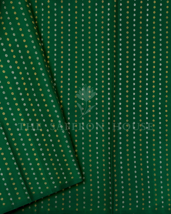 Pink & Red Ikat Print Kanchivaram Silk Saree with Green Zari Pallu