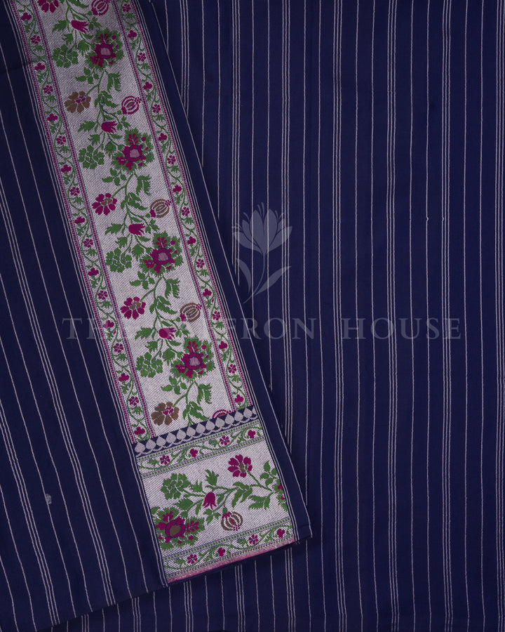 Midnight Navy Katan Banarasi Saree with Resham Floral Jaal and Silver Zari Border