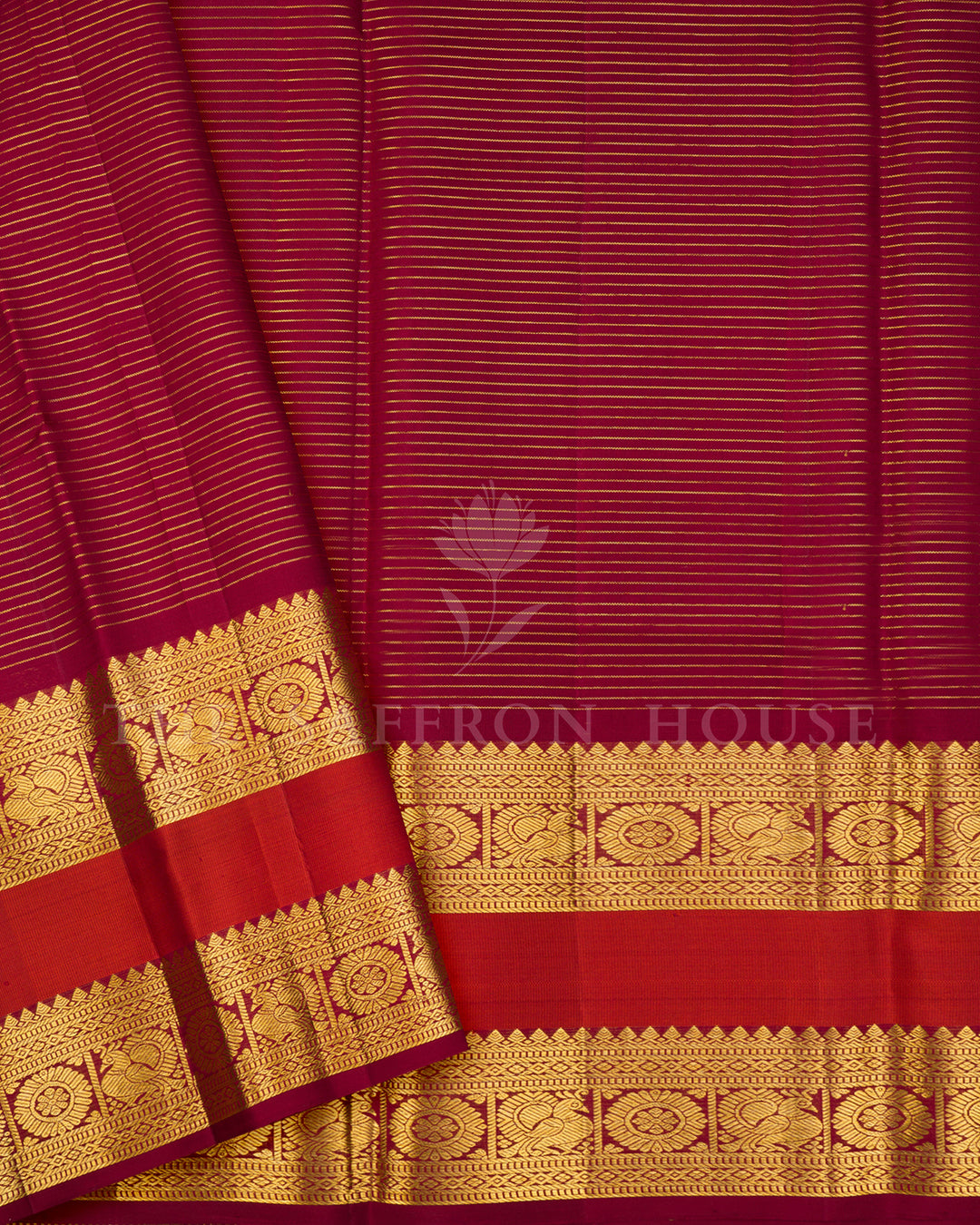 Crimson Red Kanchivaram Silk Saree with Gold Zari Checks & Temple Border