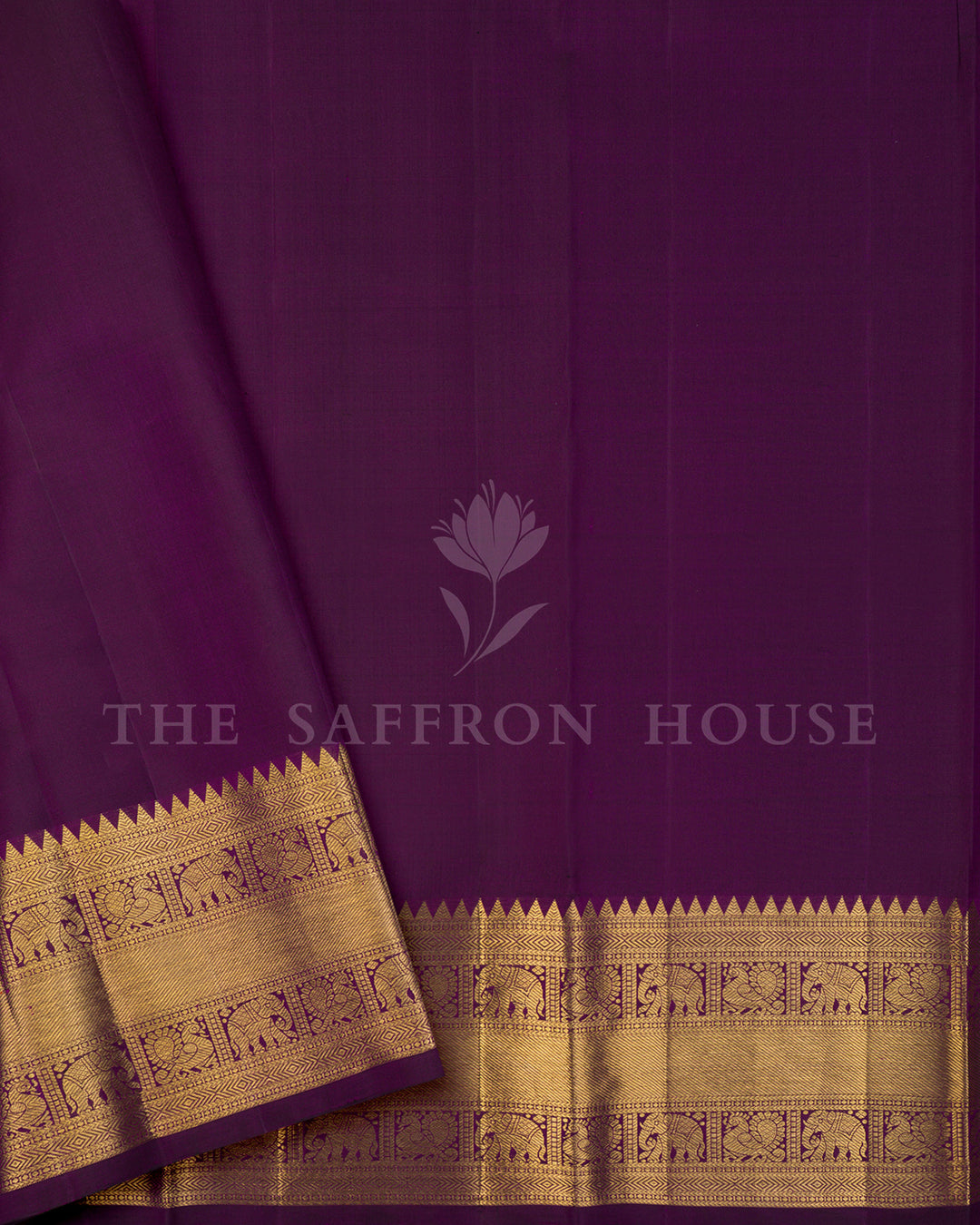 Deep Purple Kanchivaram Silk Saree with Gold Zari Floral Weave & Elephant Border