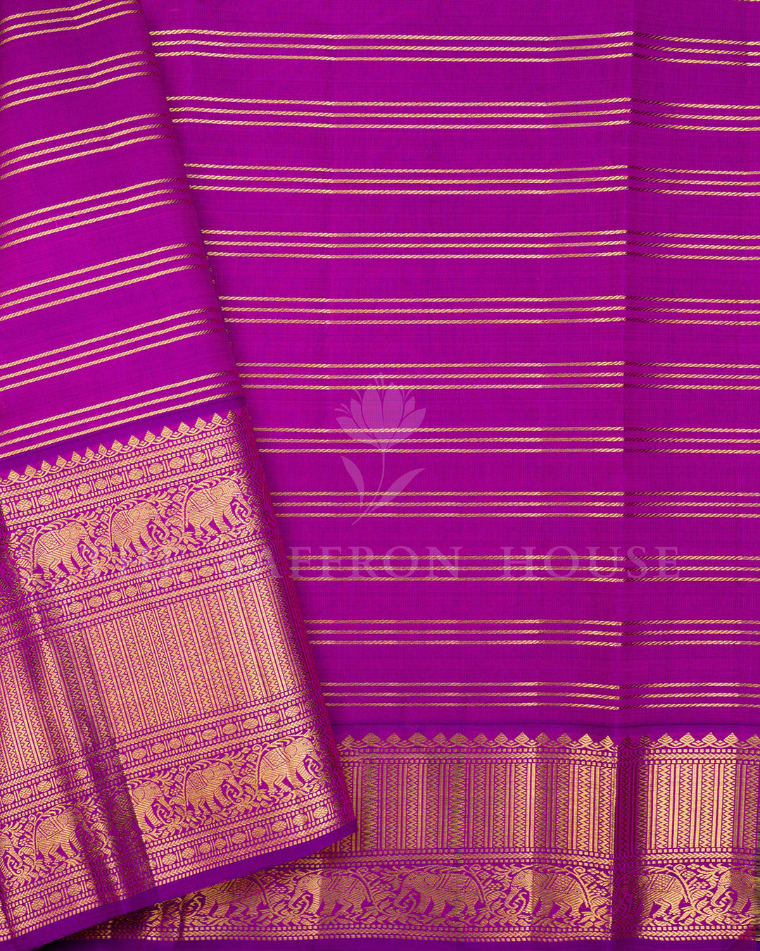 Pink Kanchivaram Silk Saree with Gold Zari Checks & Purple Elephant Border