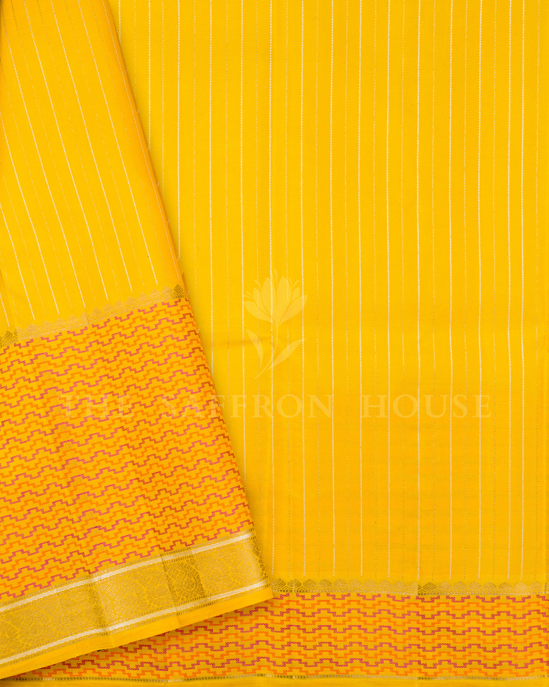 Yellow Kanchivaram Silk Saree with Scattered Zari Butis & Pink-Orange Chevron Border