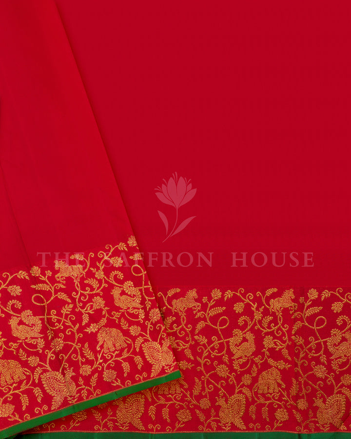 Peach Kanchivaram Silk Saree with Gold Zari Diamond Check Weave & Red Shikargah Border