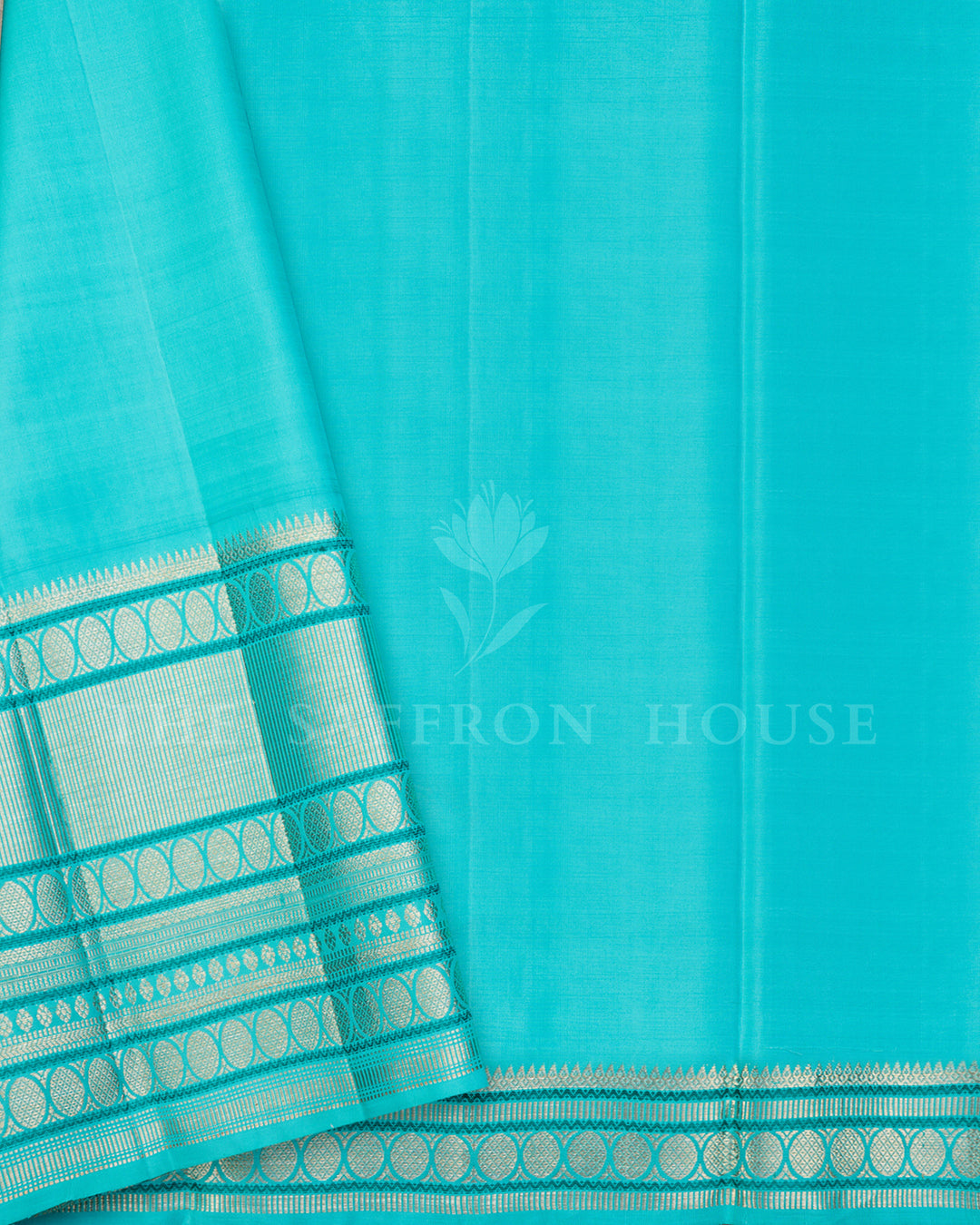 Yellow Kanchivaram Silk Saree with Silver Zari Butis & Turquoise Contrast Border