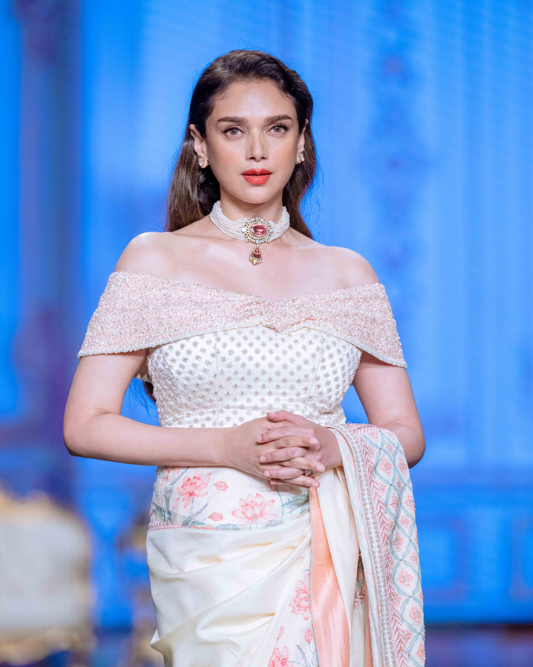 Ivory Blush Hand-Painted Embroidered Kanjivaram Silk Saree - Blooming Heiress - Look 1