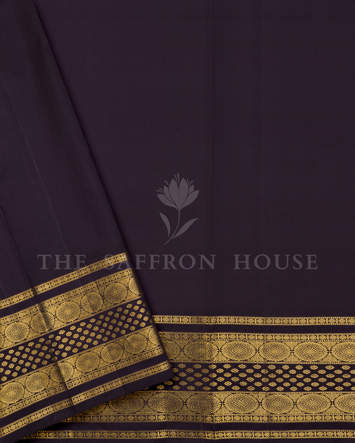 Orange Kanchivaram Silk Saree with Scattered Zari Butis & Deep Purple Medallion Border