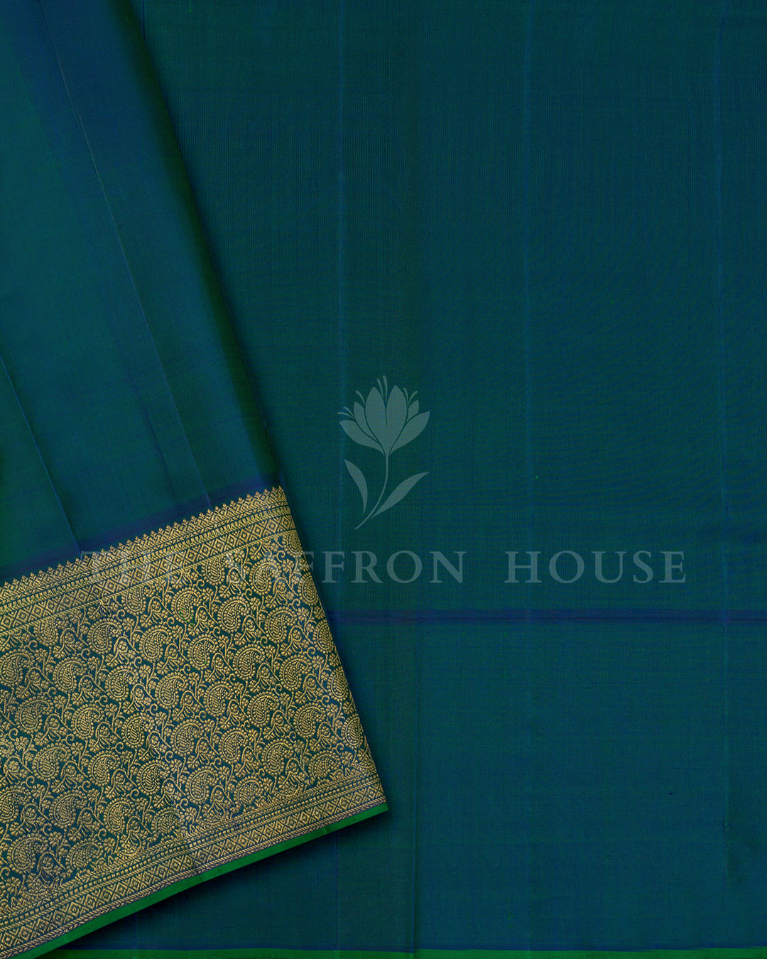 Red Ikat Kanchivaram Silk Saree with Teal Green Paisley Border & Pallu
