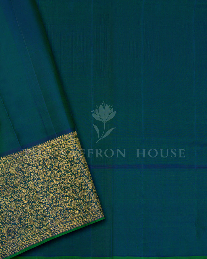 Red Ikat Kanchivaram Silk Saree with Teal Green Paisley Border & Pallu