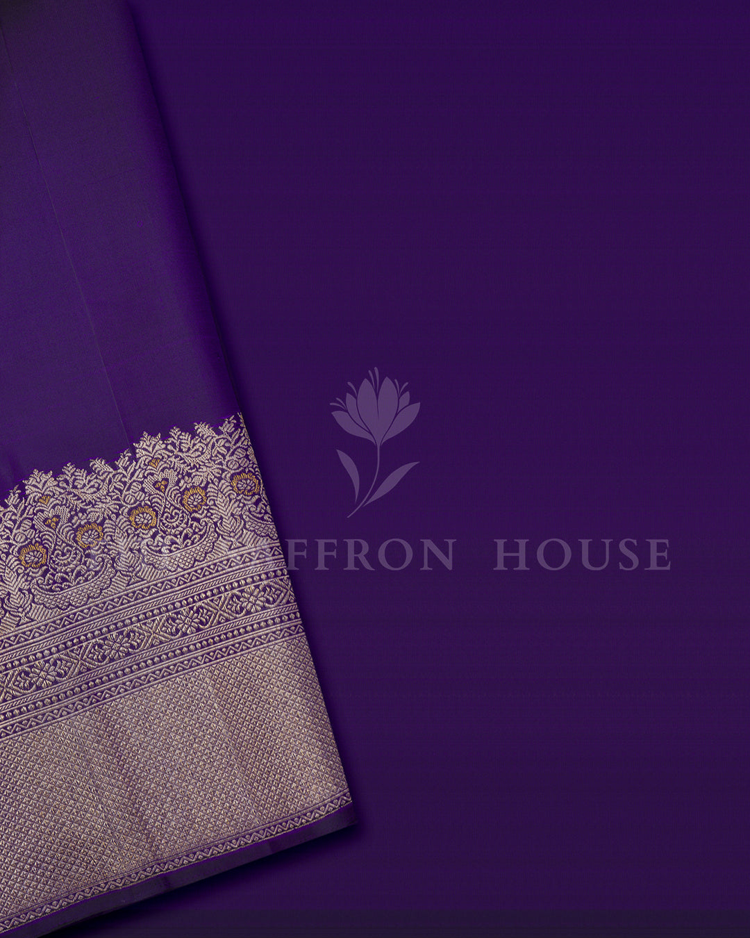 Deep Purple Kanchivaram Silk Saree with Diagonal Zari Floral Stripes & Peacock Border
