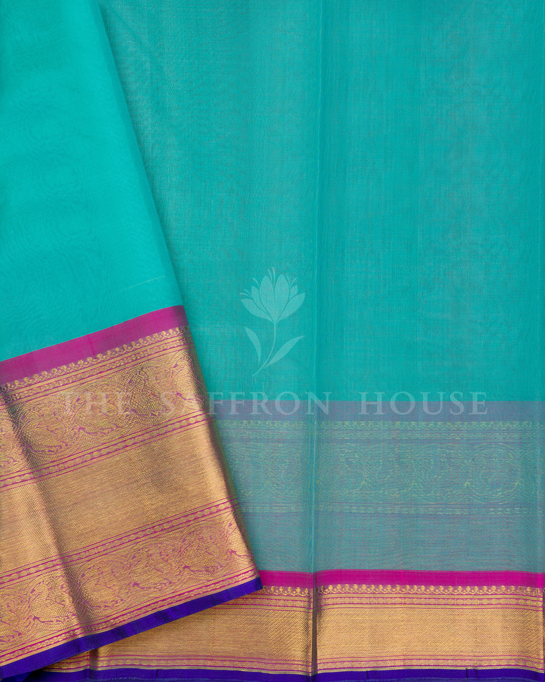 Turquoise Kora Kanchivaram Silk Saree with Gold Zari Butis & Magenta-Blue Contrast Border