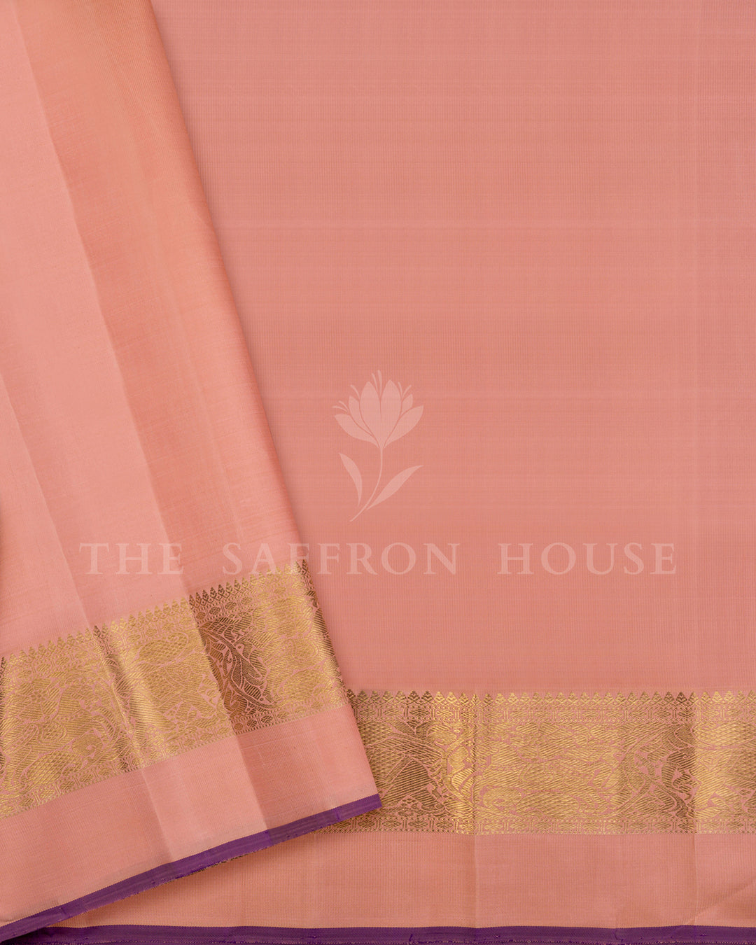 Peach Kanchivaram Silk Saree with Scattered Gold Zari Butis & Peacock Border