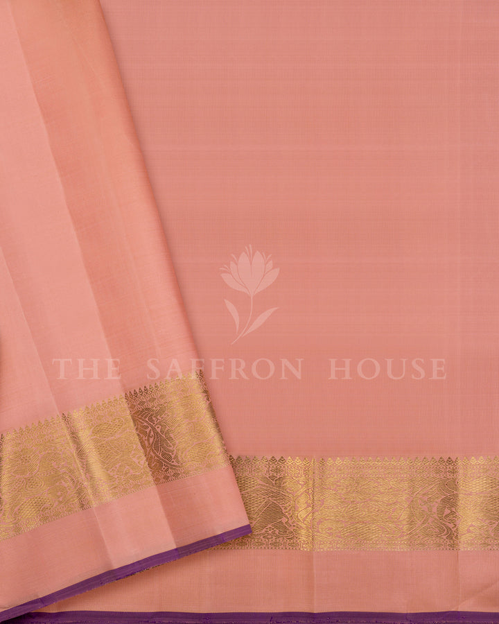 Peach Kanchivaram Silk Saree with Scattered Gold Zari Butis & Peacock Border
