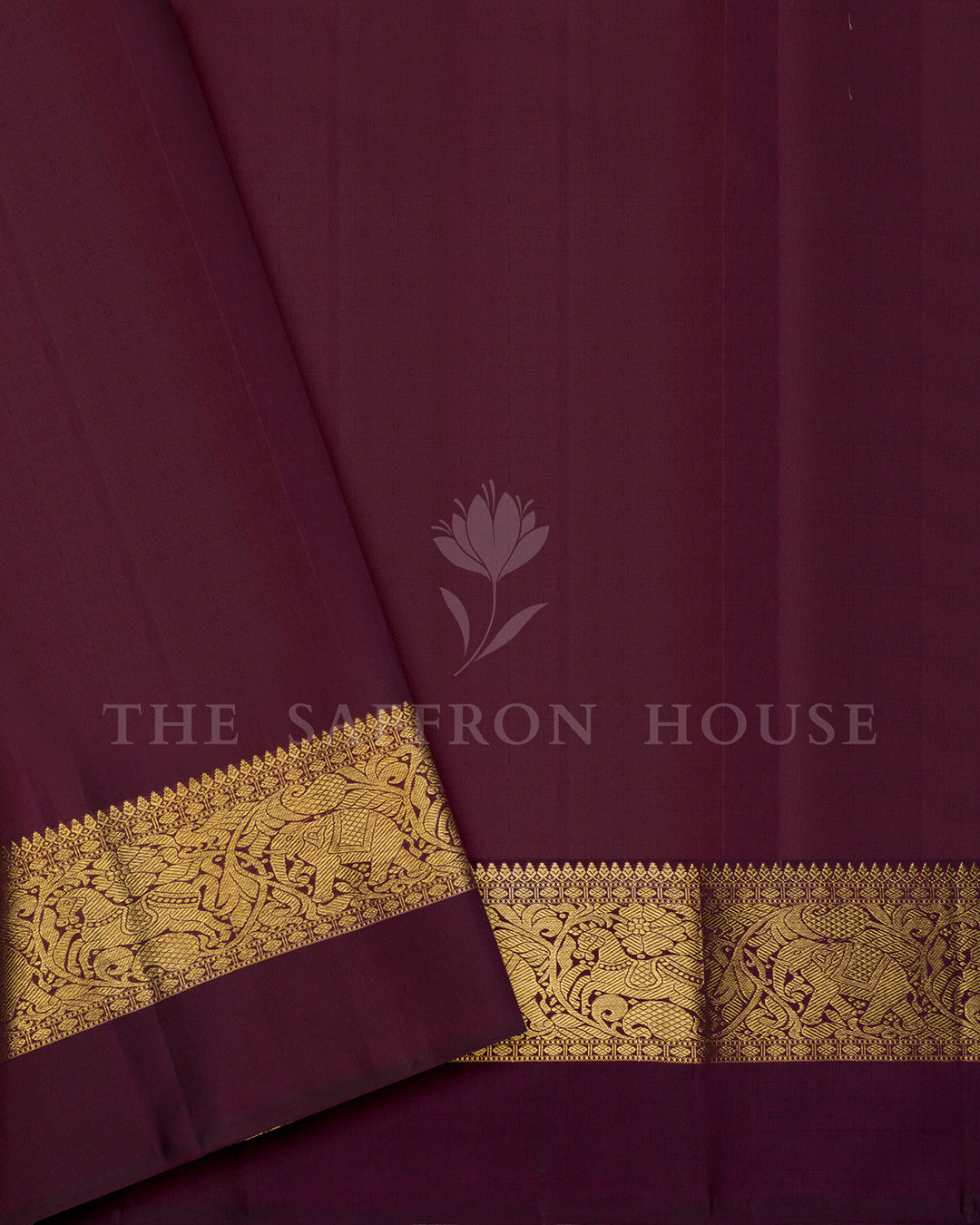 Wine Maroon Kanchivaram Silk Saree with Scattered Zari Peacock Butis & Elephant Shikargah Border
