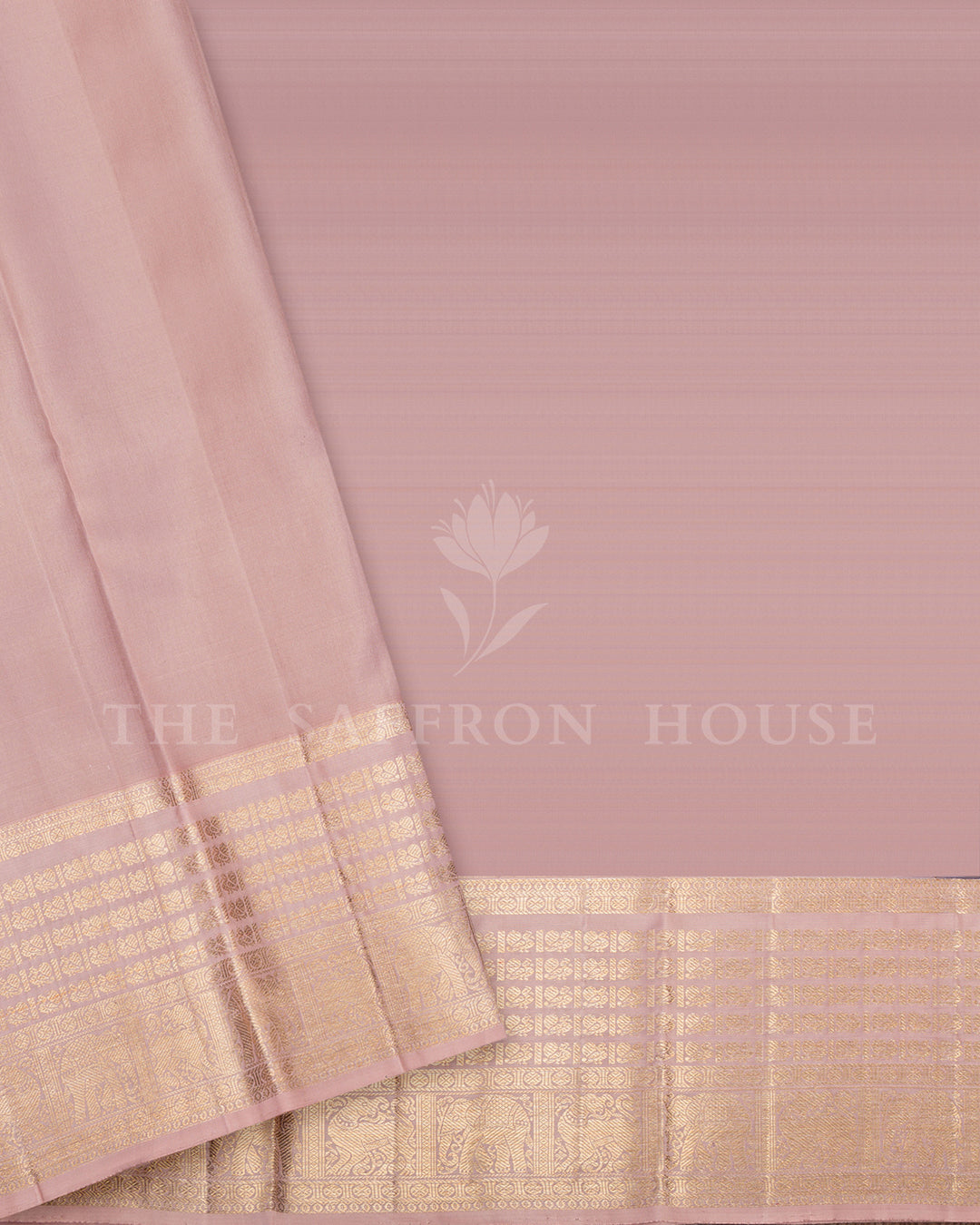 Navy Blue Kora Kanchivaram Silk Saree with Gold Zari Medallions & Peach Elephant Border