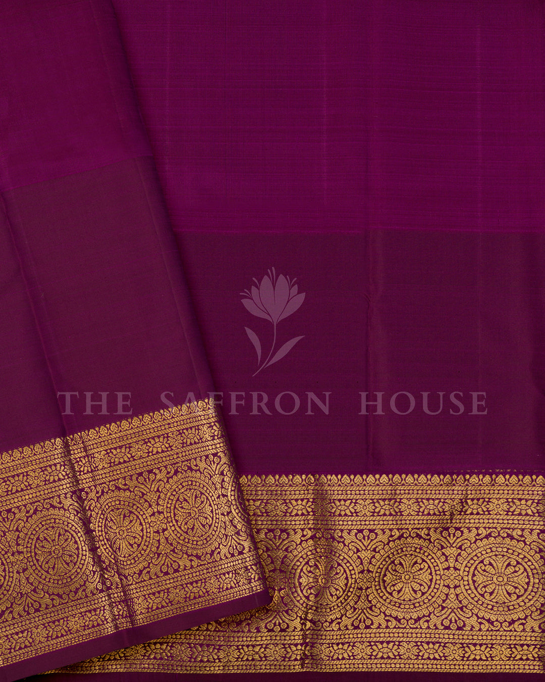 Magenta Kanchivaram Silk Saree with Gold Zari Check Weave & Circular Medallion Border