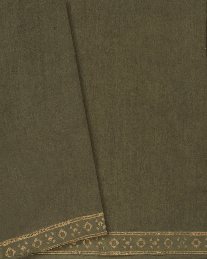 Olive Green Handwoven Tussar Organza Saree With Golden Zari Stripes - TSH2506071-view5