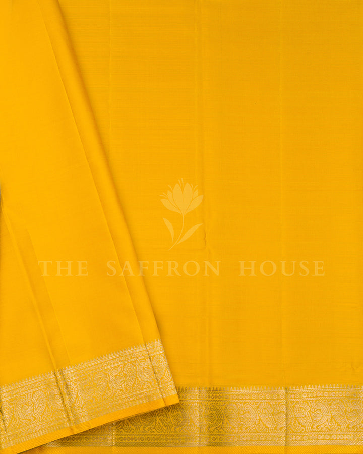 Magenta Kanchivaram Silk Saree with Gold Zari Kalka Butis & Peacock Border, Yellow Contrast Blouse