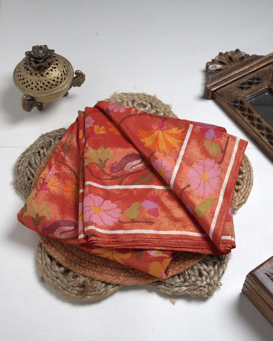 Rust Orange Double Tissue Pure Zari Kota Saree