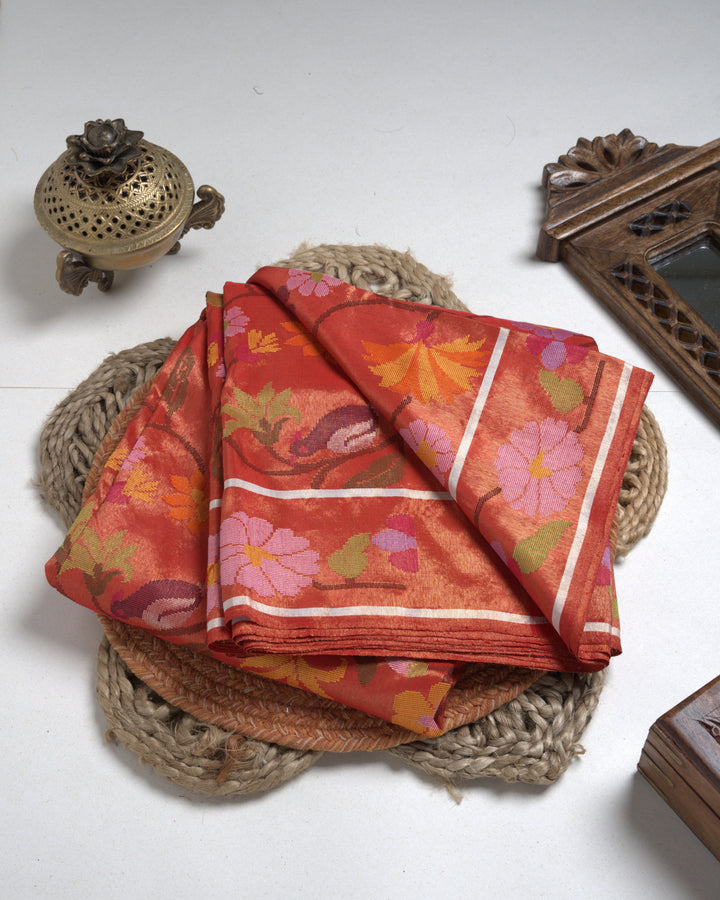 Rust Orange Double Tissue Pure Zari Kota Saree